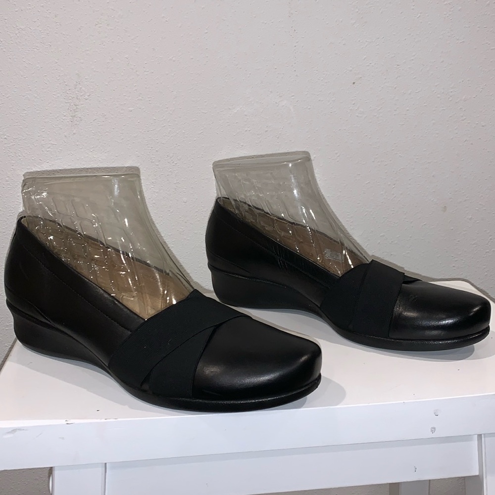 ECCO SLIP ON CLOGS MULES BLACK LEATHER ELASTIC BAND SIZE 40 WOMENS JARY JANE
